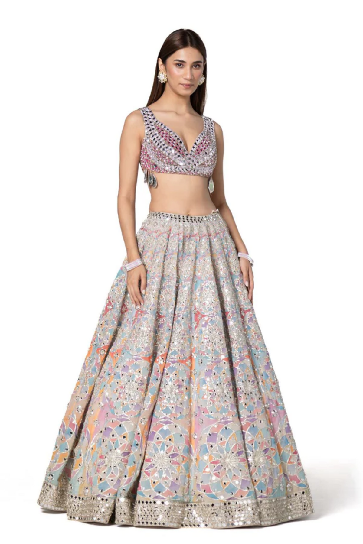 Pastel Shade Hande Embroidred Lehenga Set