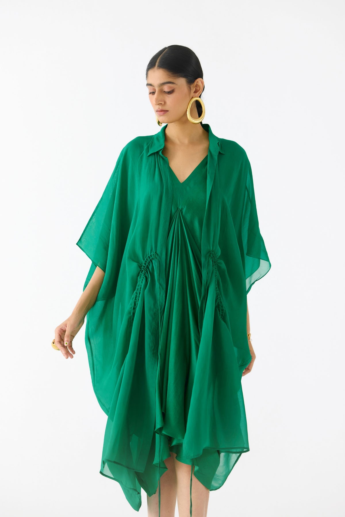 Emerald Midi Dress With Organza Cape