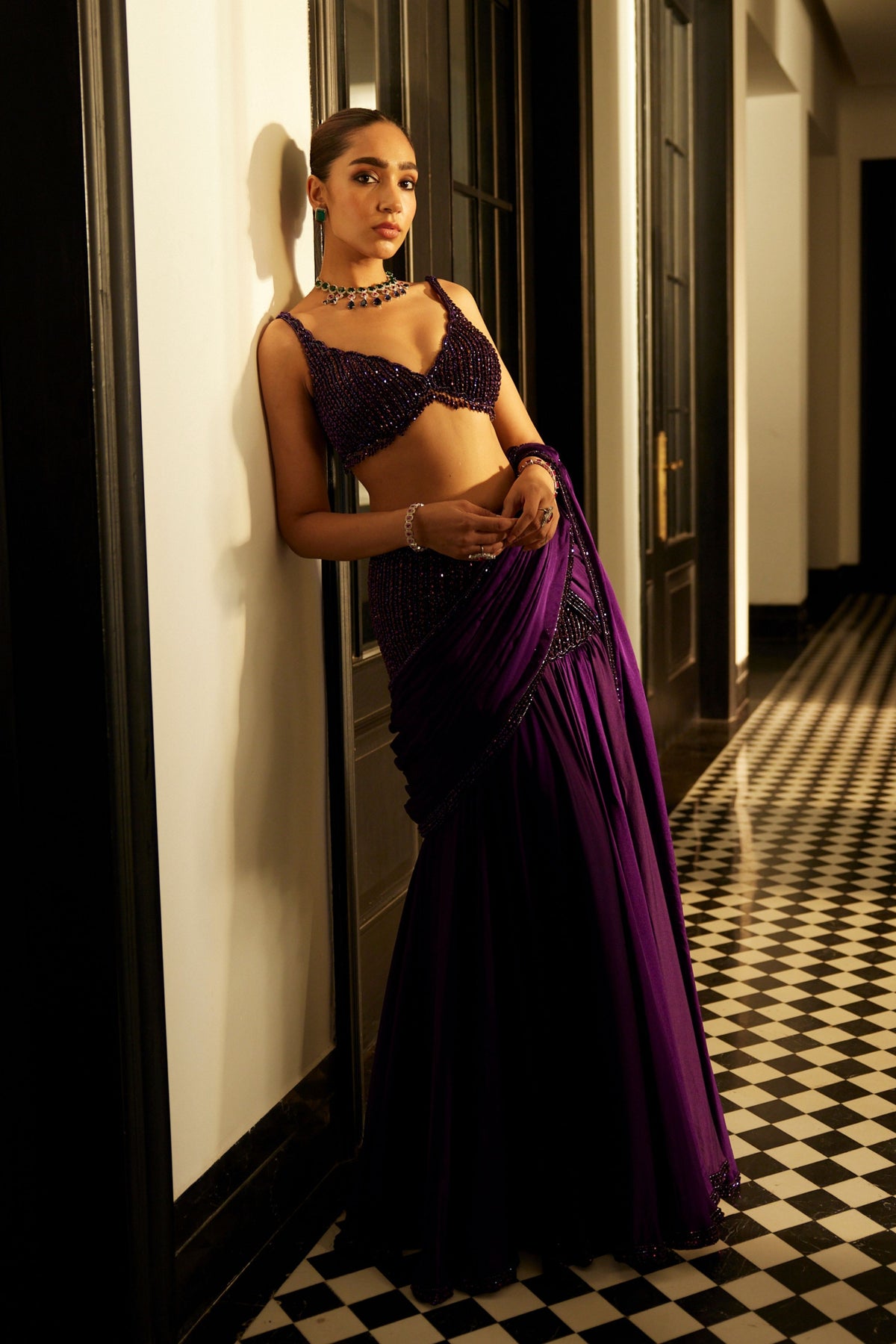 Purple Pre Draped Saree Set