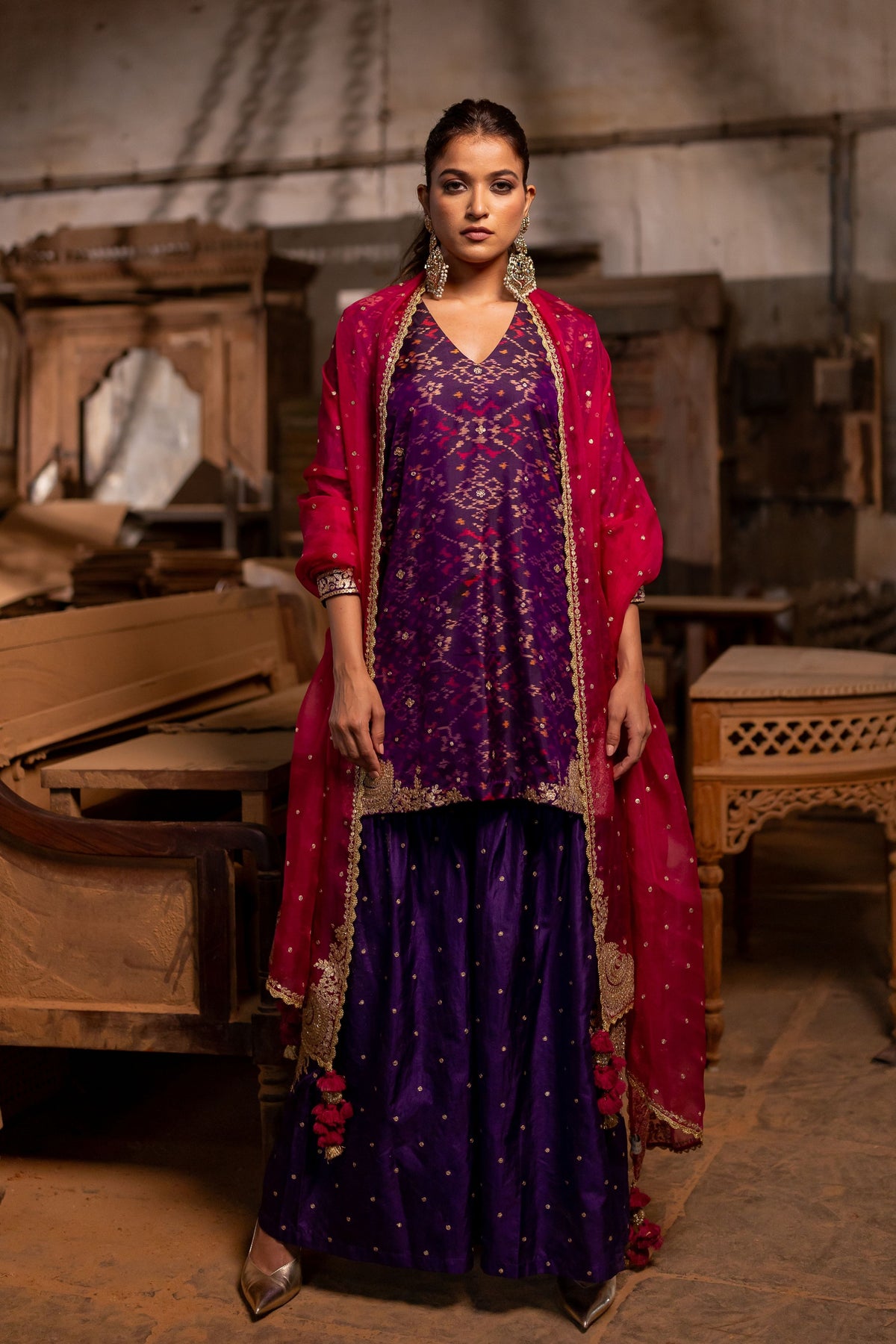 Purple Short Kurta With Sharara