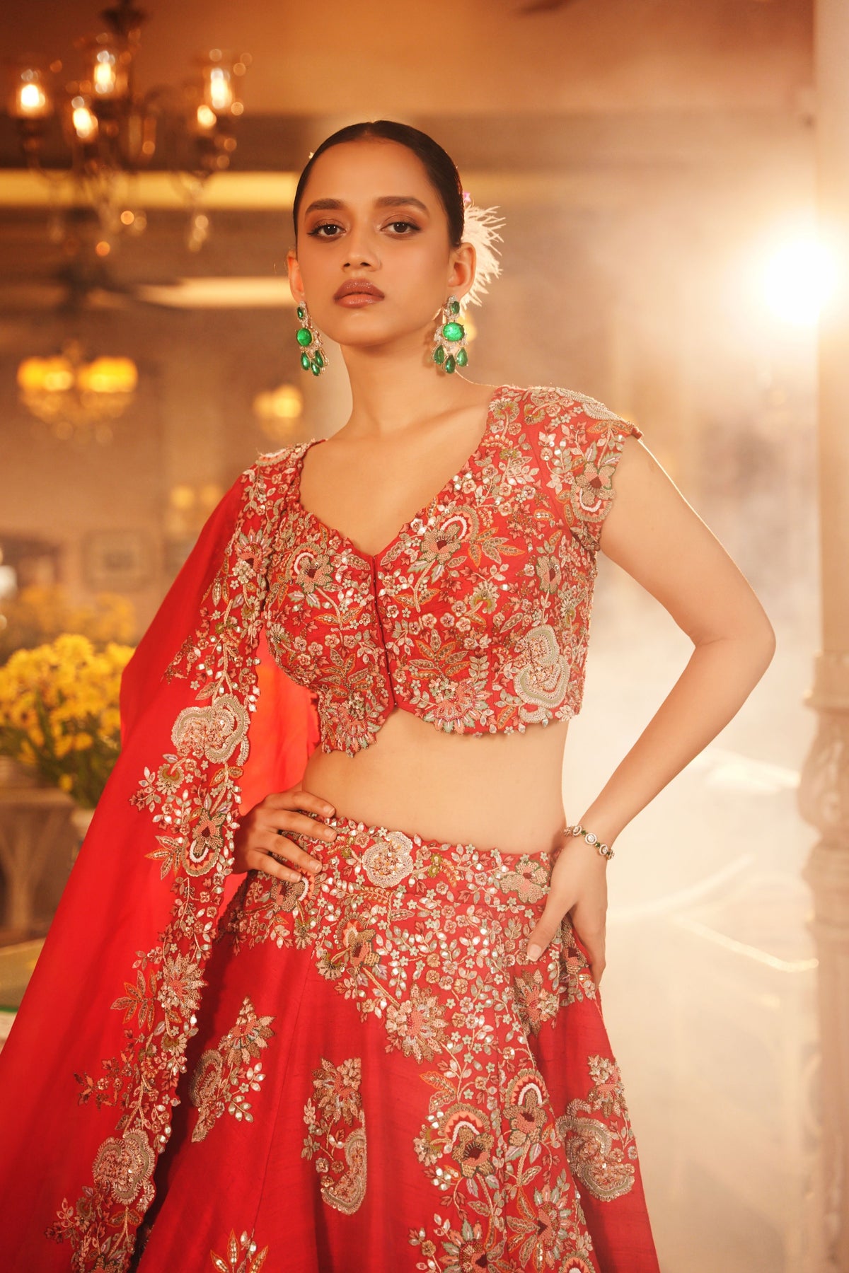 Hand Embroidered Red Placement Embroidered Lehenga Set