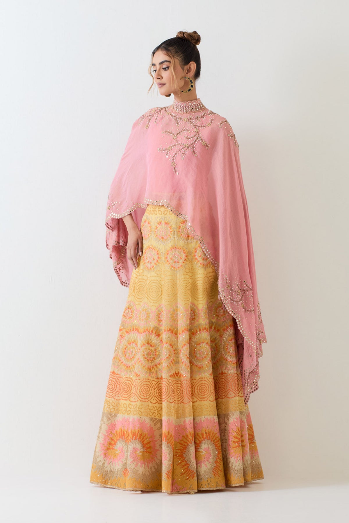 Chanderi Pink Yellow Cape Set