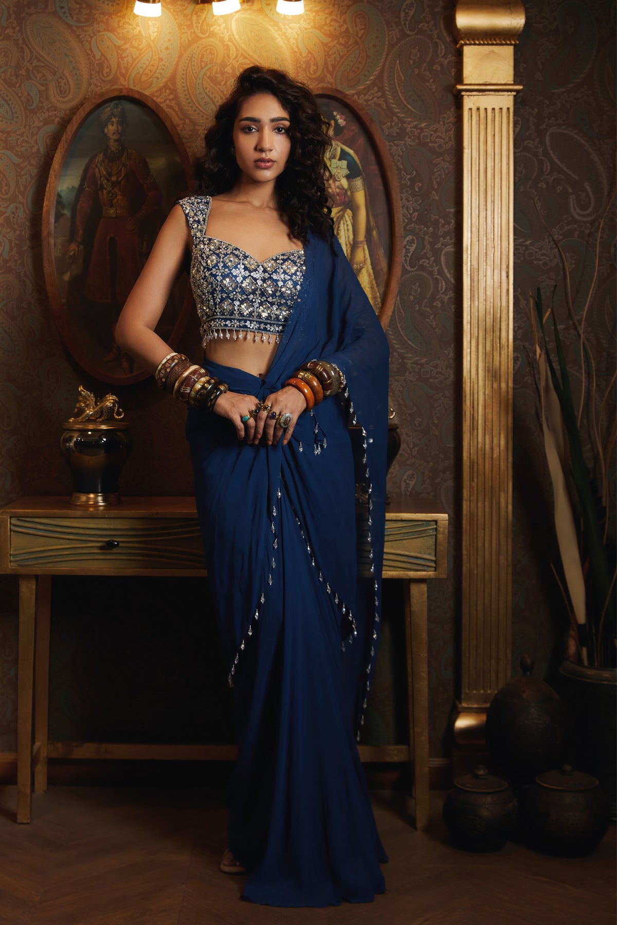 Blue Geomectric Drape Saree Set