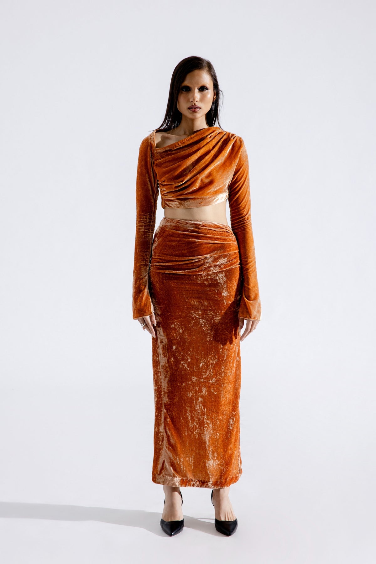 Clara Silk Velvet Skirt in Caramel