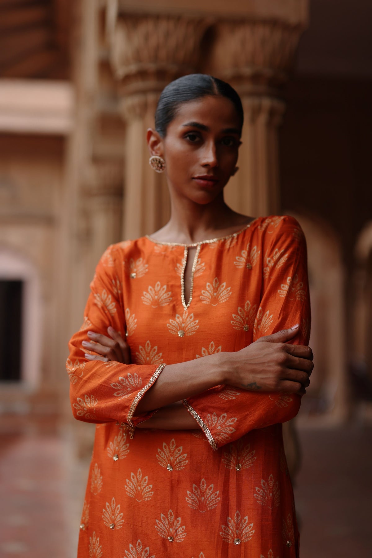 Orange Embroidered Kurta Set