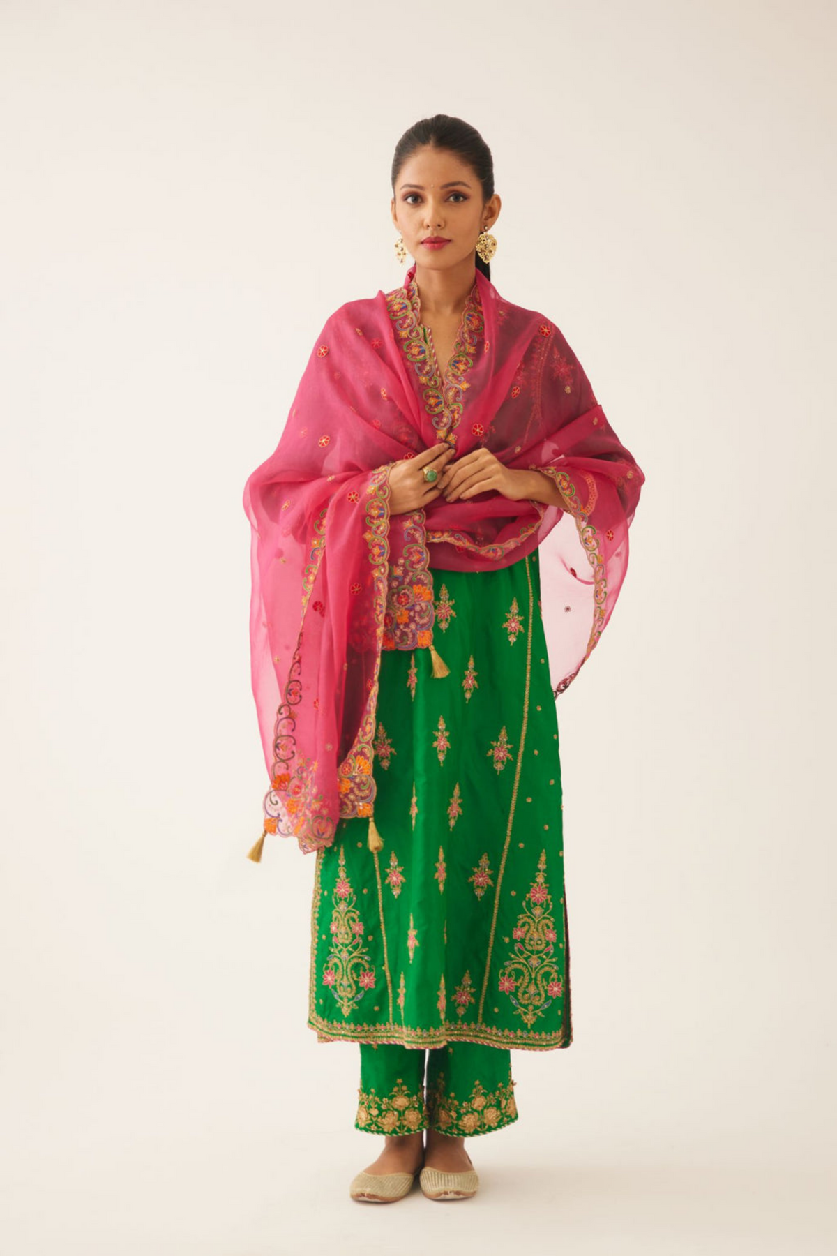 Green Silk Kalidar Straight Kurta Set