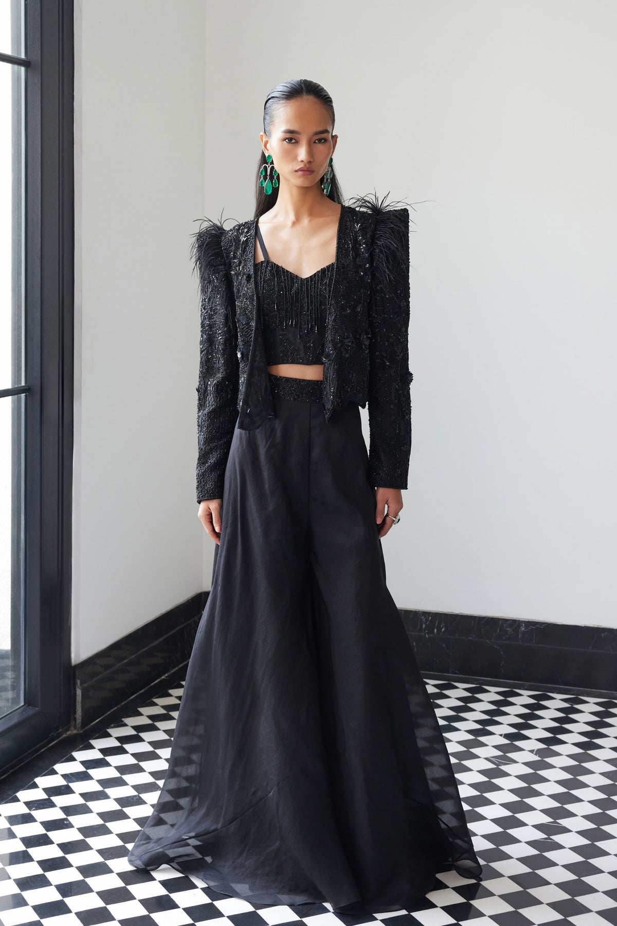 Black Organza Jacket With Pants Set