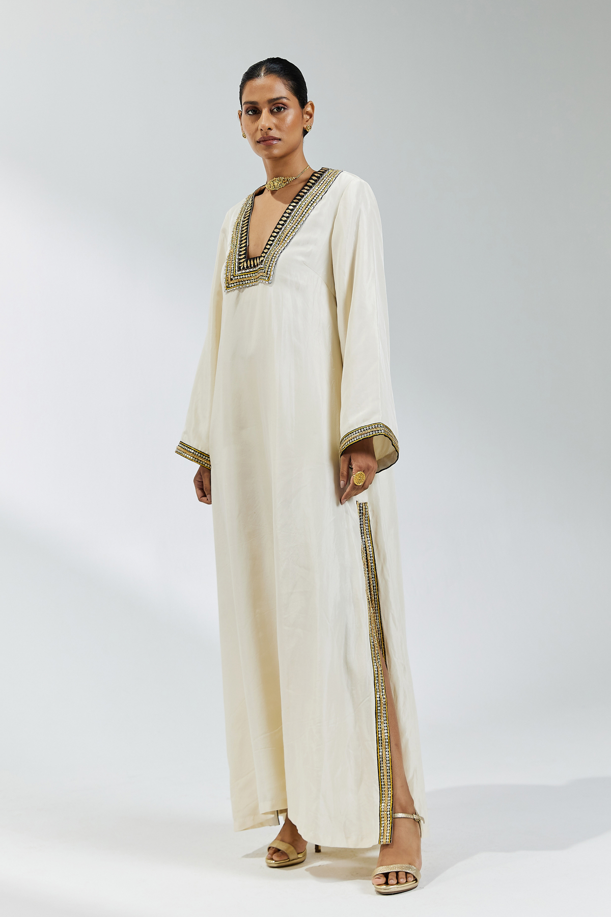 Ivory And Black Silk Kaftan