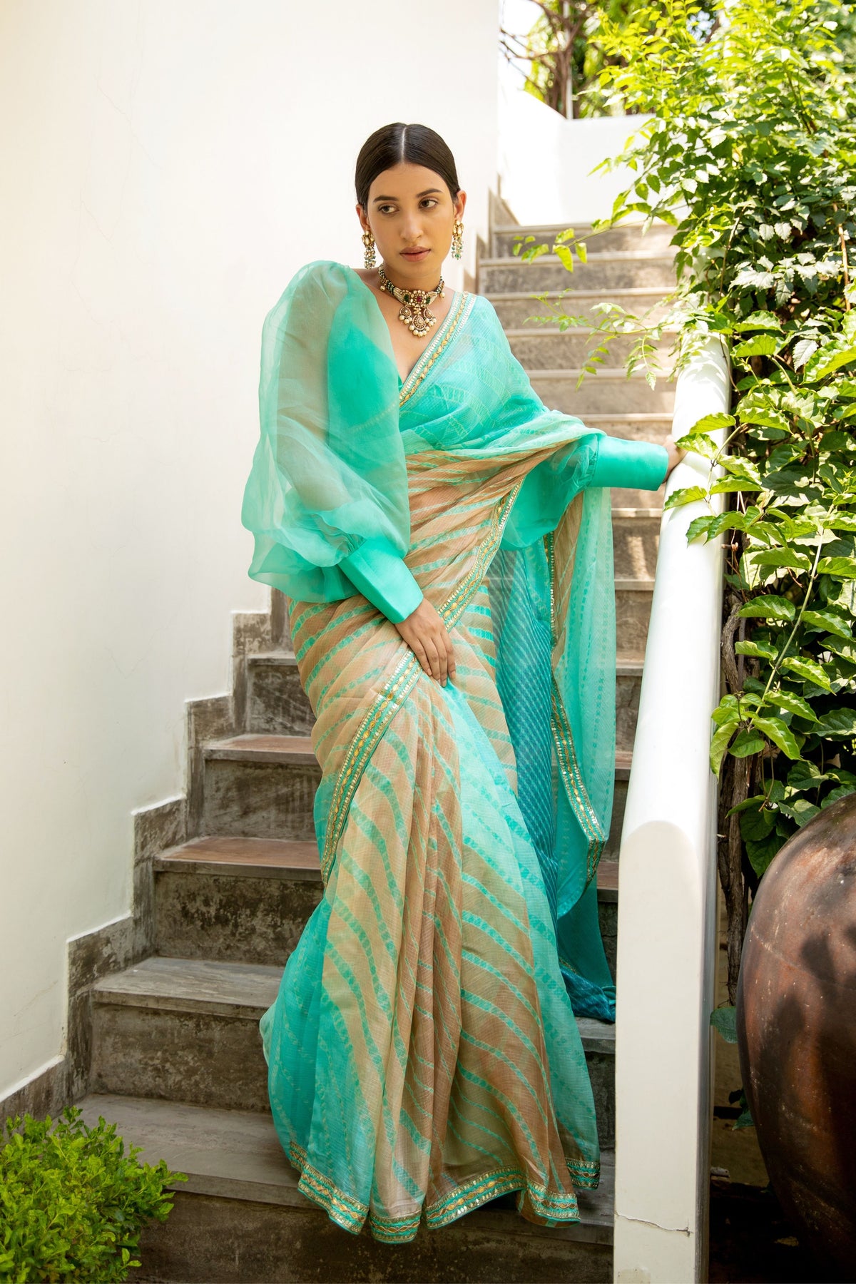 Sea Green Lahariya Saree Set