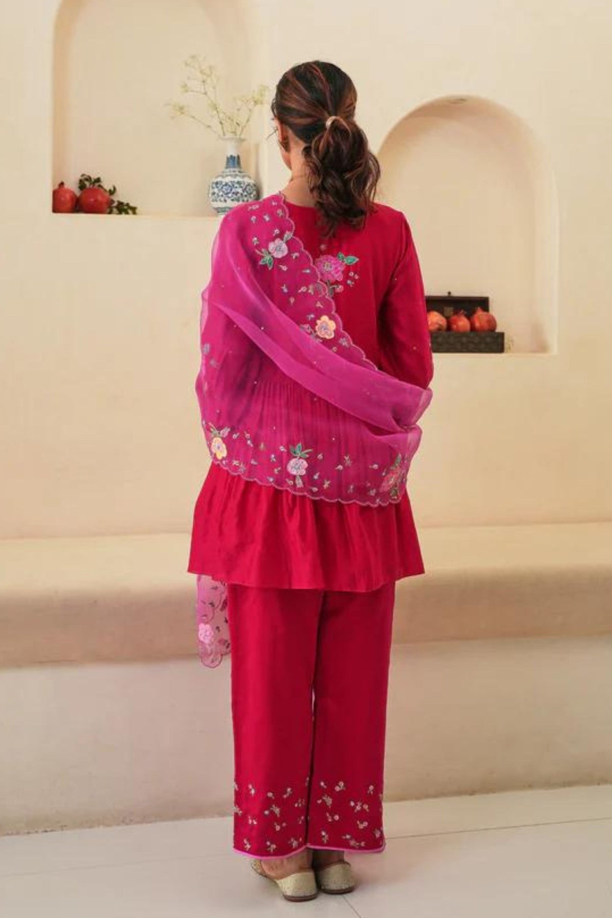 Zia Gathered Short Kurta Set in Red With Dupatta