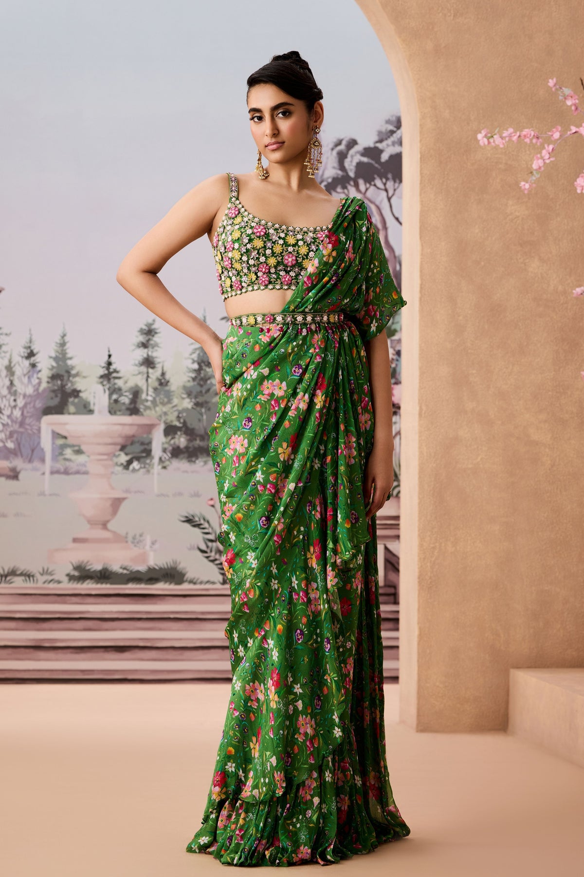 Sjy Green 3d Saree Set