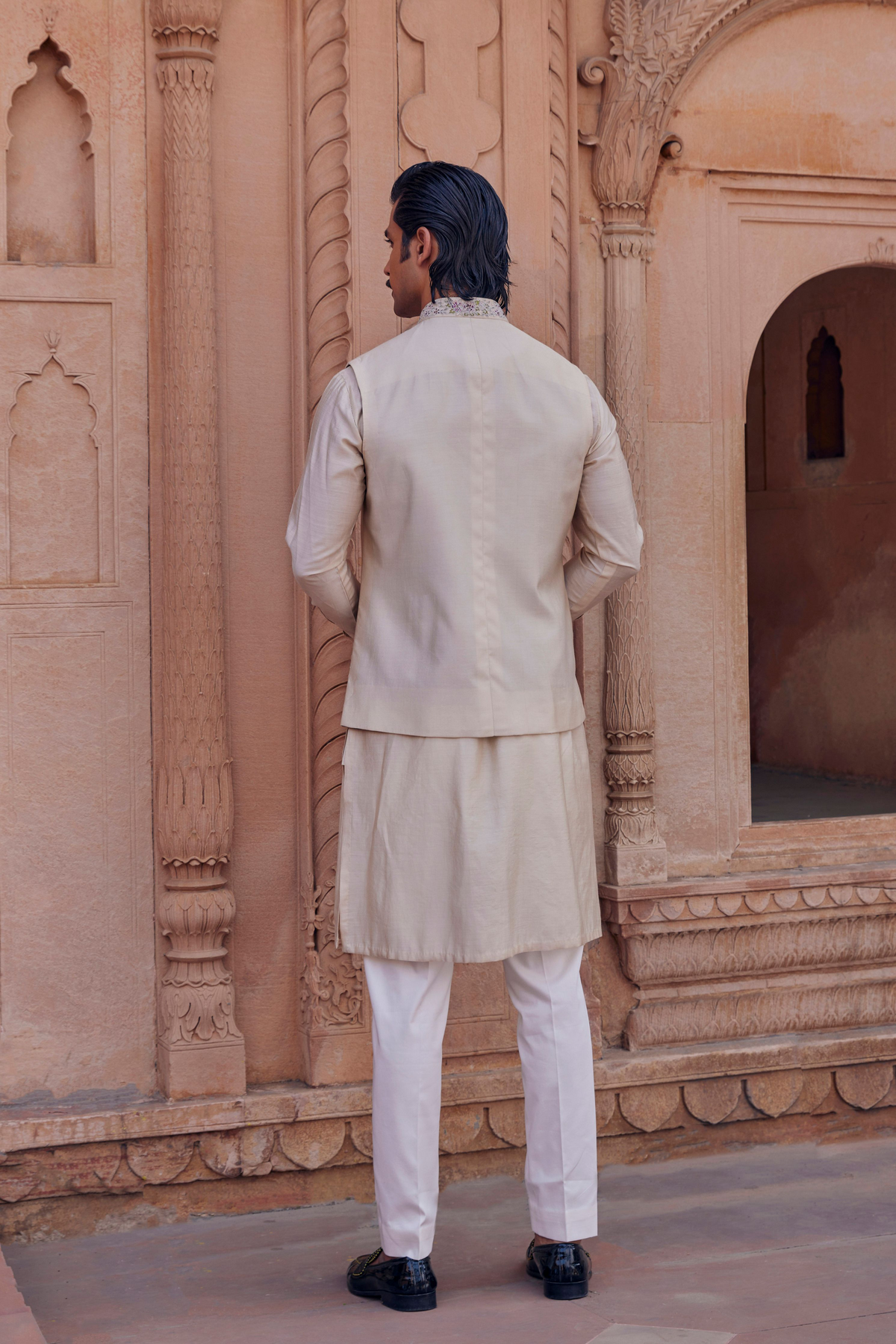 Aaftab Ivory Ensemble in Gota Handwork