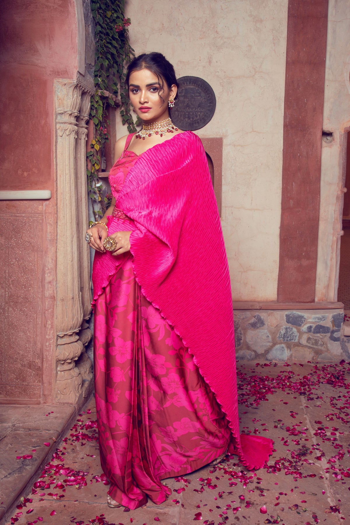 Maroon and Hot Pink Embroidered Drape Saree Set