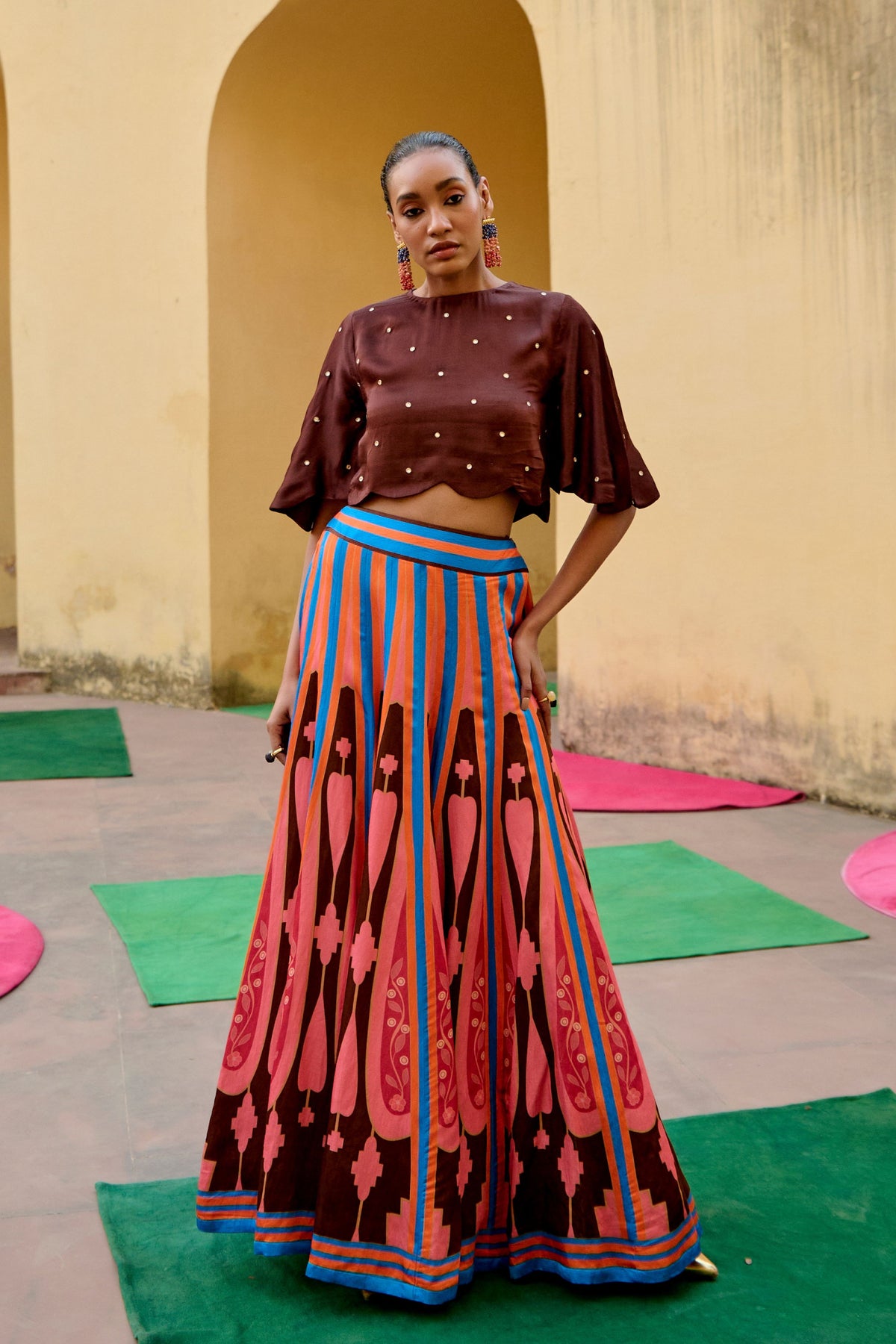 Brown Pink Kilim Lehenga Set