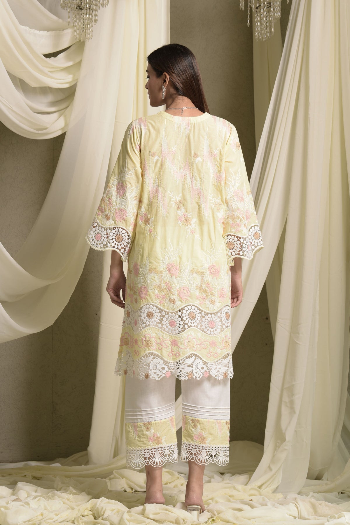 Myra Mesh Floral Yellow Daffodil Lace Kurta Set