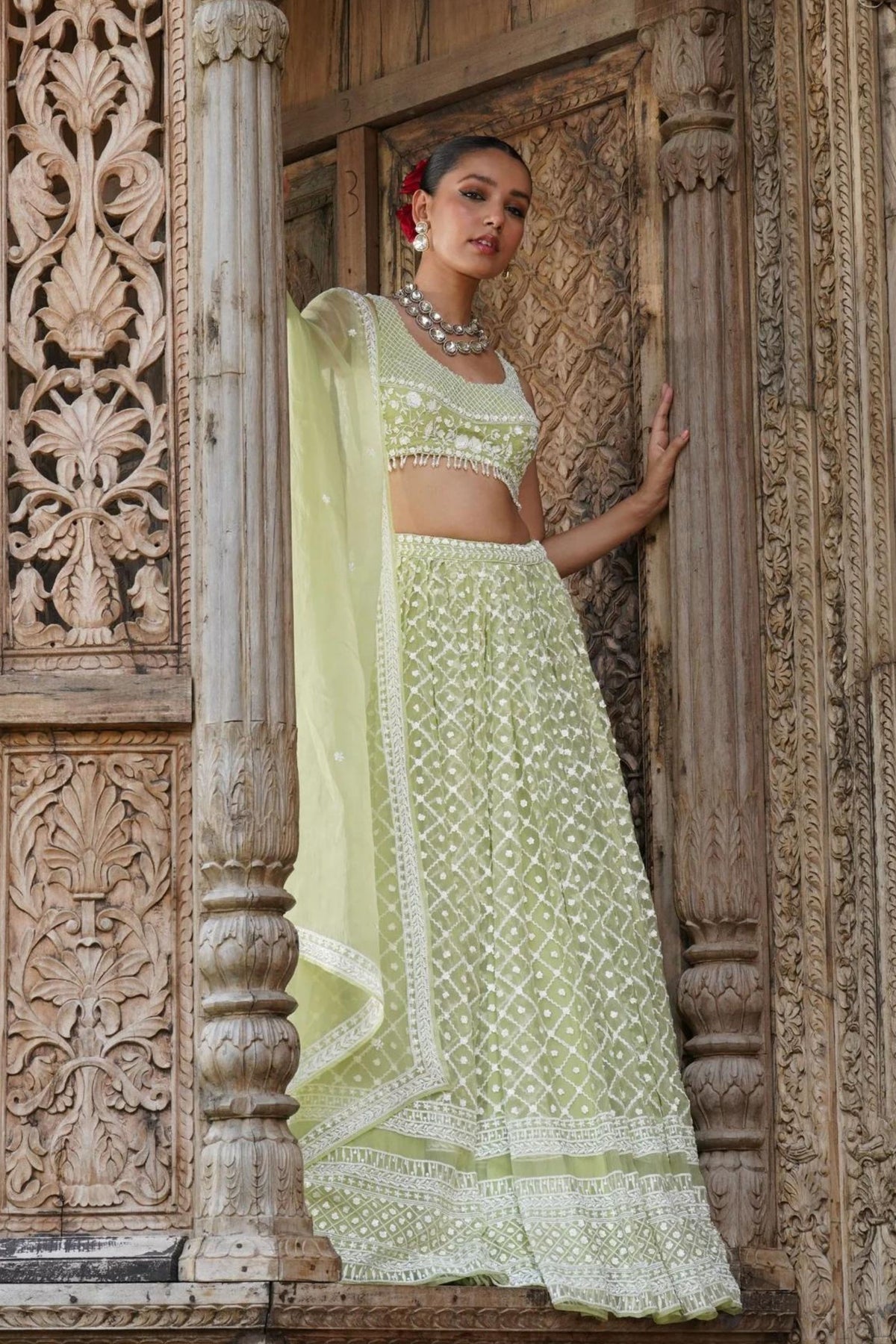 Mint Moti work Lehenga Set