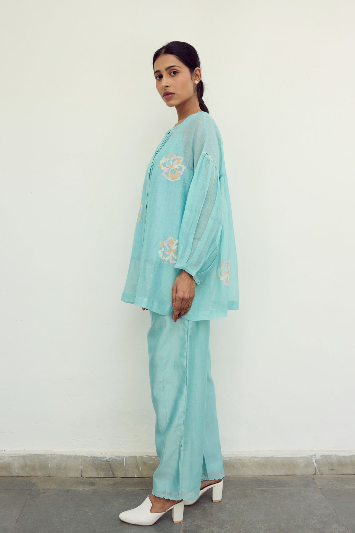 Hand Embroidered Turquoise Chanderi Top