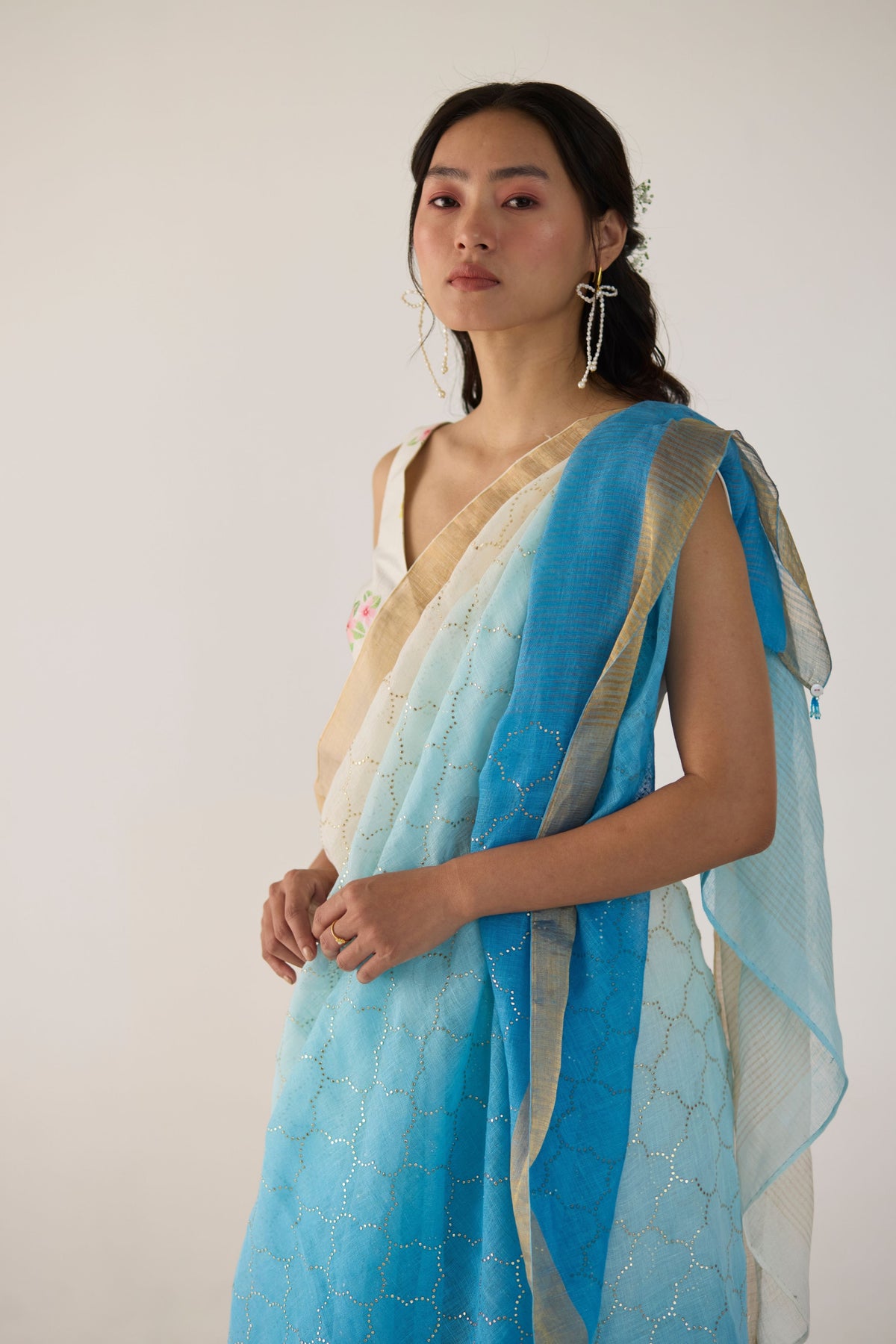 Blue Ombre Sari With Gold Dot Print