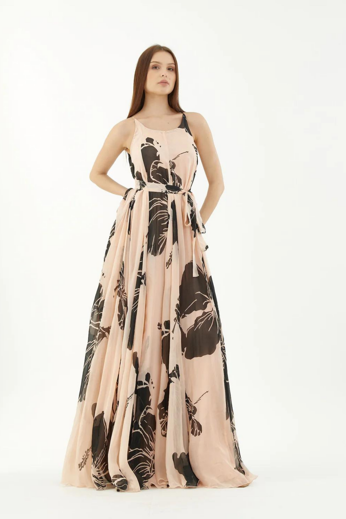 Pink And Black Floral Long Flare Sleeveless Dress