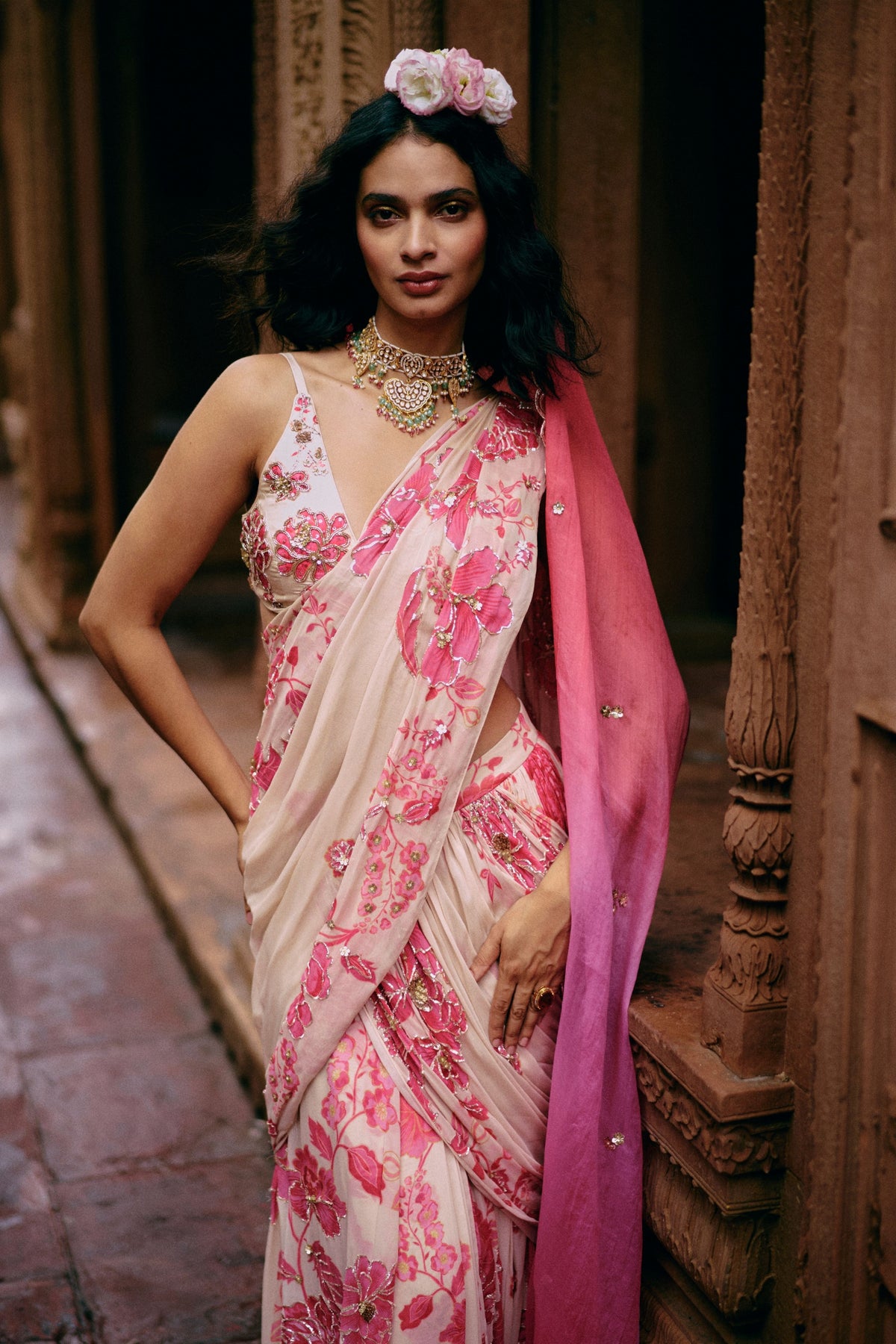 Abstract Floral Embroidered Saree Set