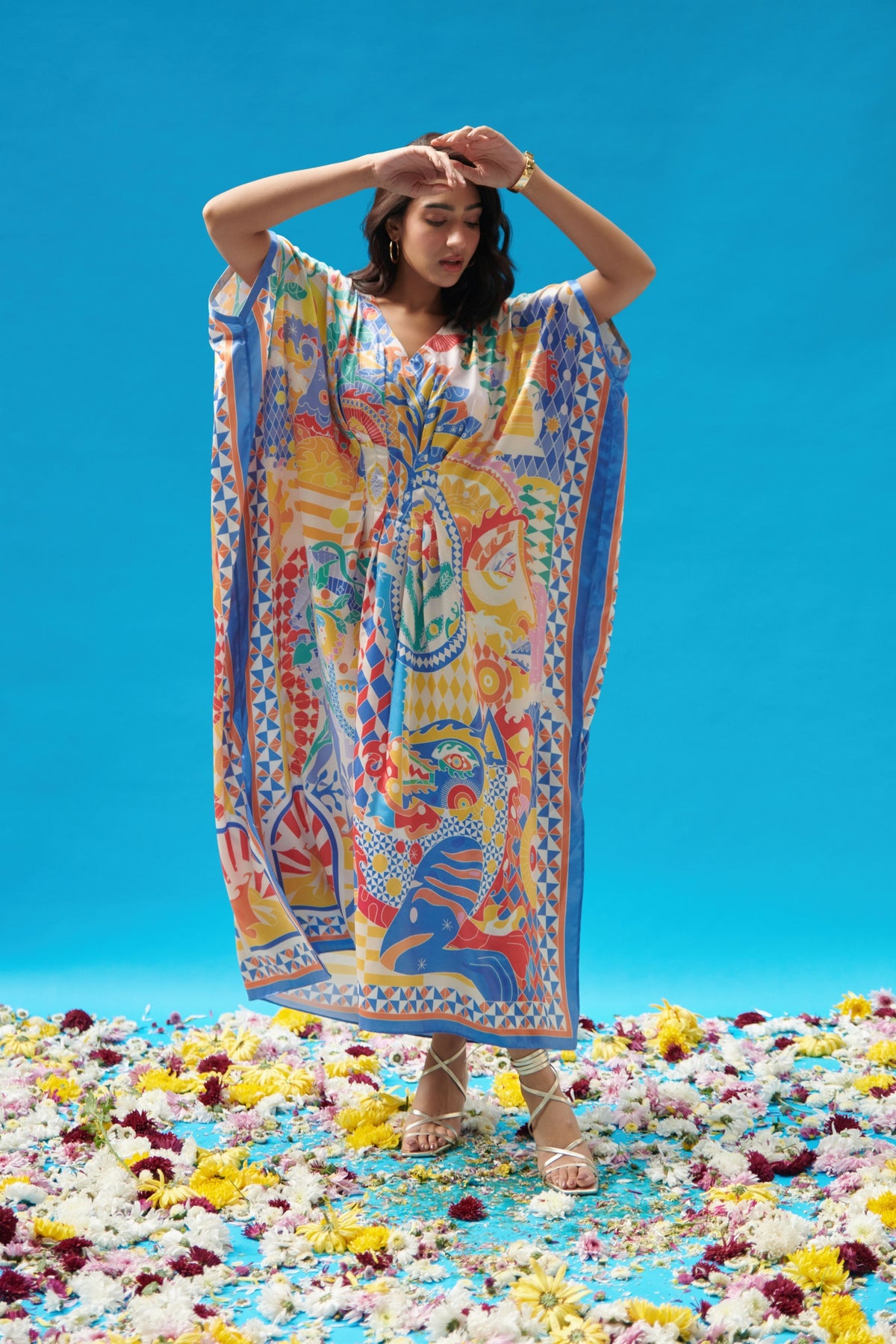 Multicolor Print Pleated Long Kaftan