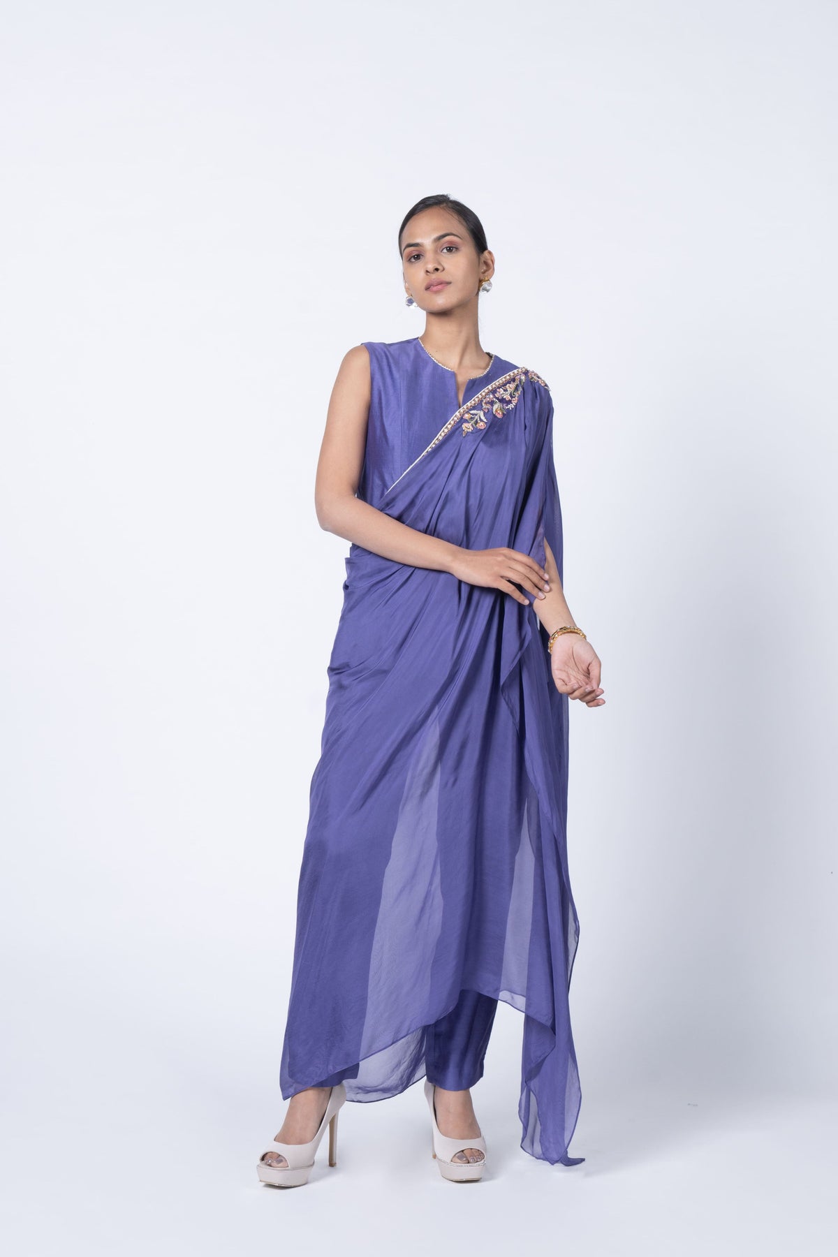 Purple Embroidered Set With Drape