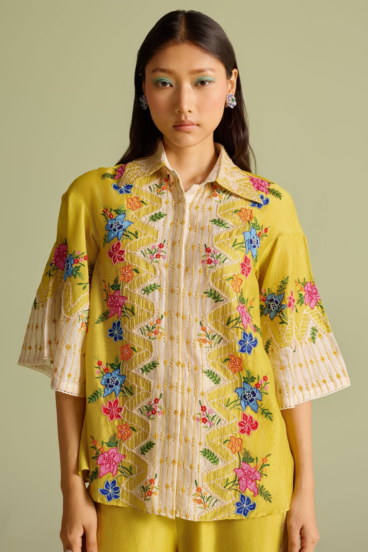 Yellow Floral Embroidered Color Block Shirt