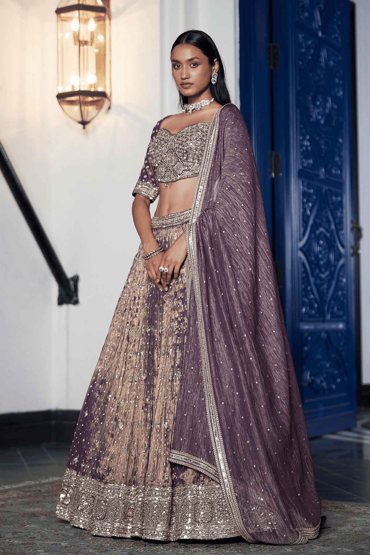 Purple Tissue Embroidered Lehenga Set