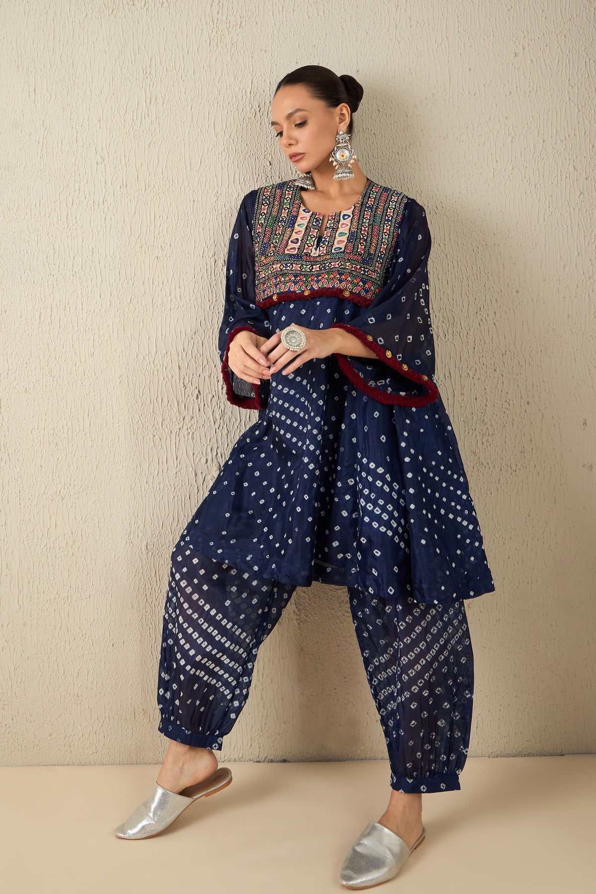 Navy Blue Bandhani Tunic Set