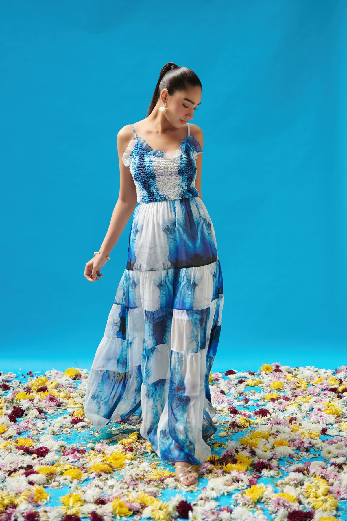 Blue Wave Printed Strappy Long Dress