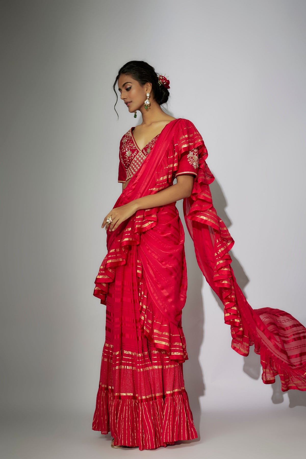 Cherry Red Pre-stitched Saree Set