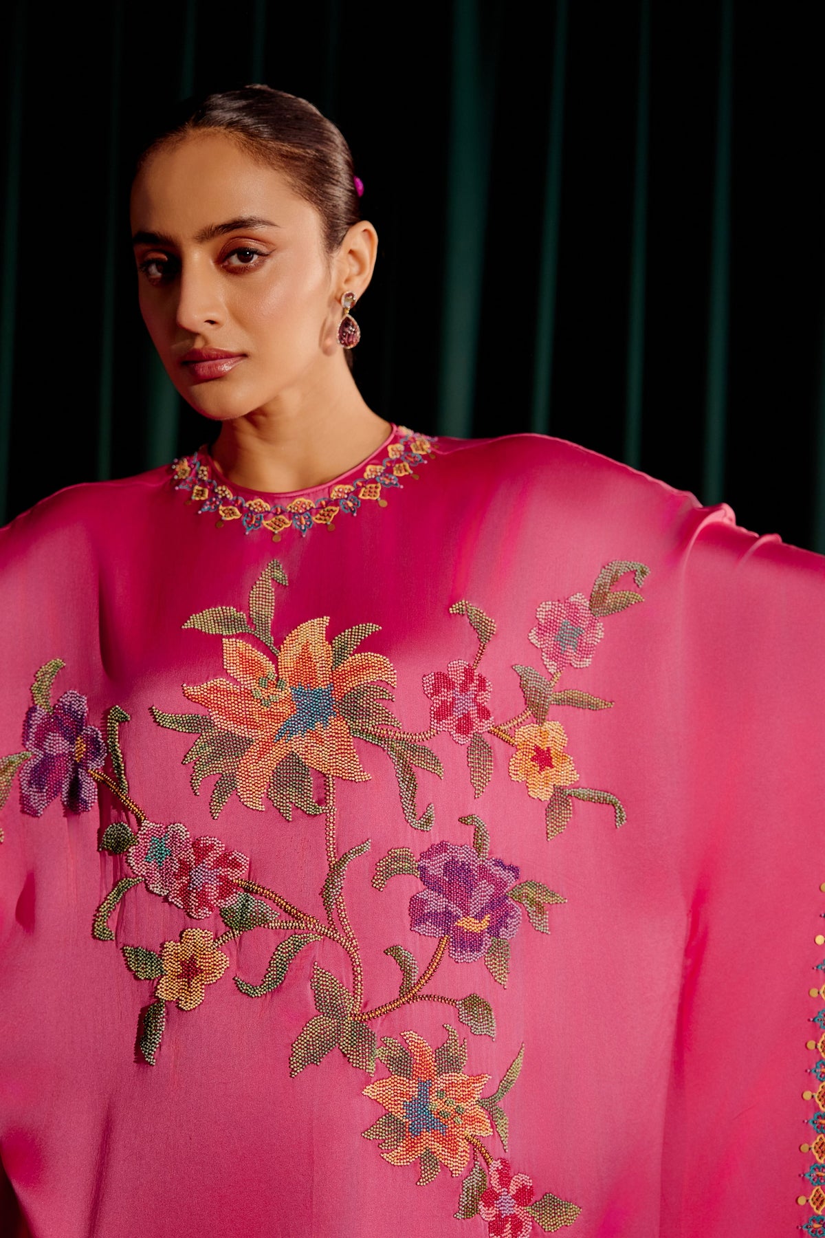 Fuchsia Floral Beadwork Kaftan Set