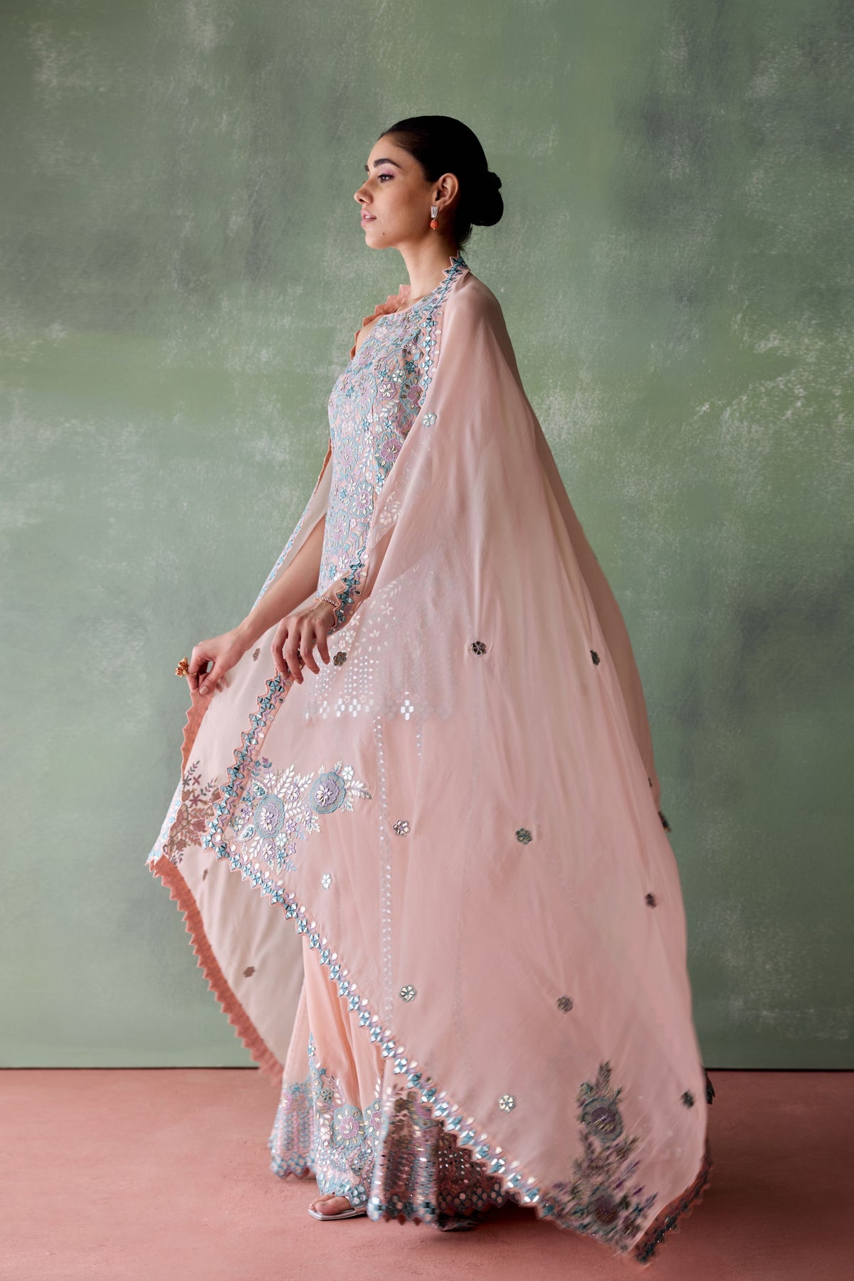 Peach Organza Kurta Sharara Set