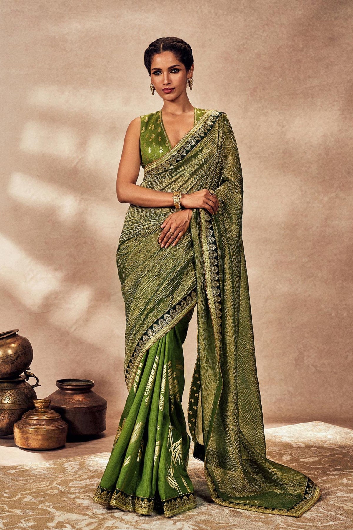 Green Palm Blooms Tissue Saree