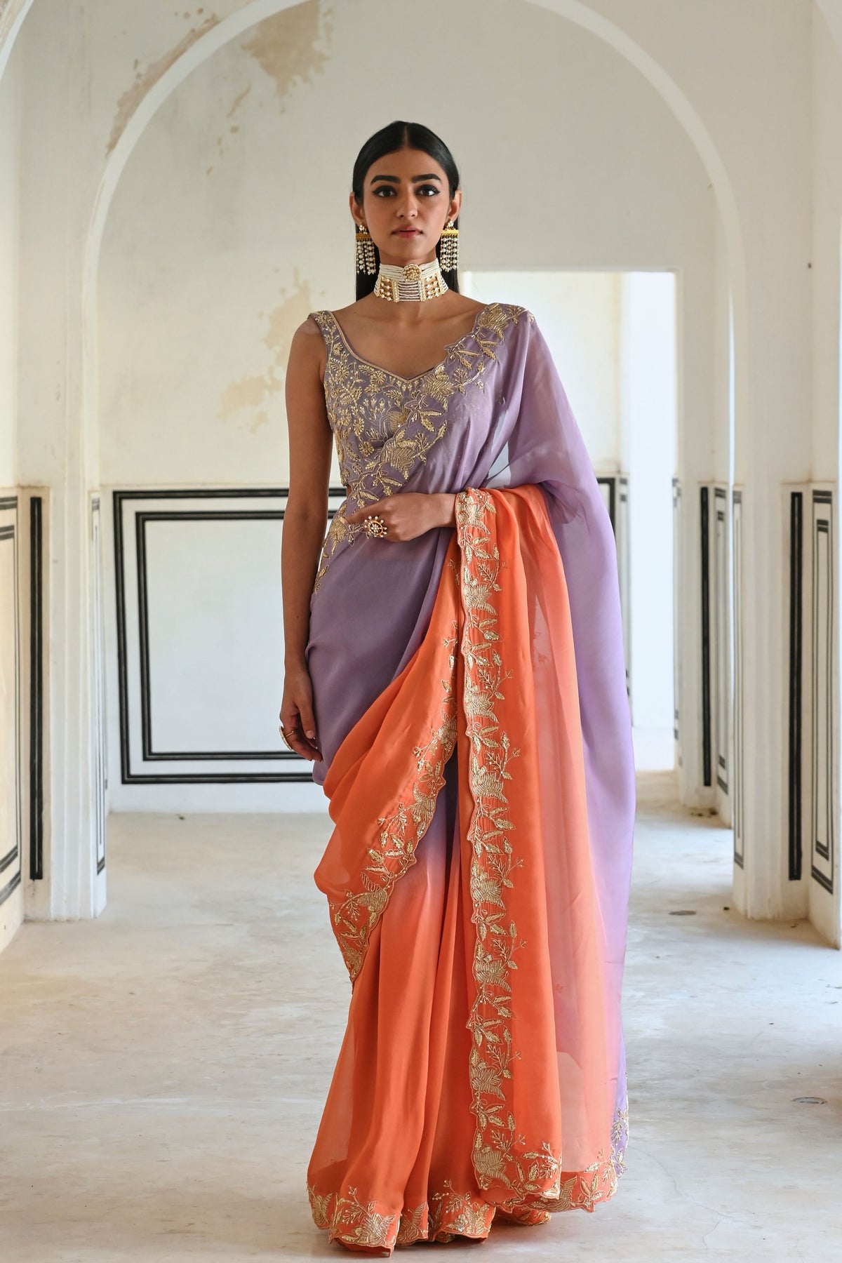 Lilac Orange Floral Saree Set