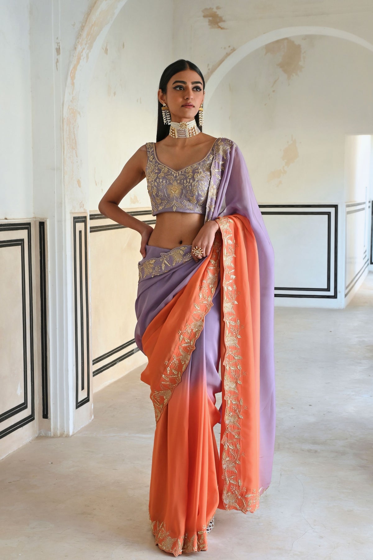 Lilac Orange Floral Saree Set