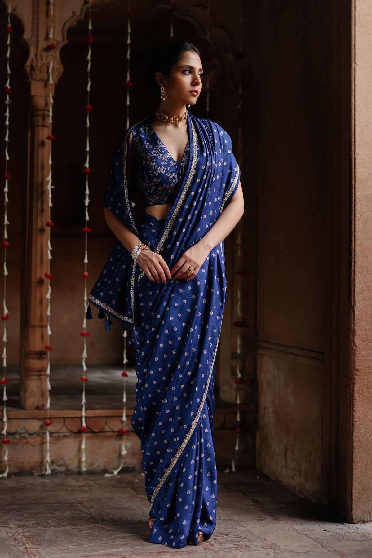 Blue Printed Pre-stitched Saree Set