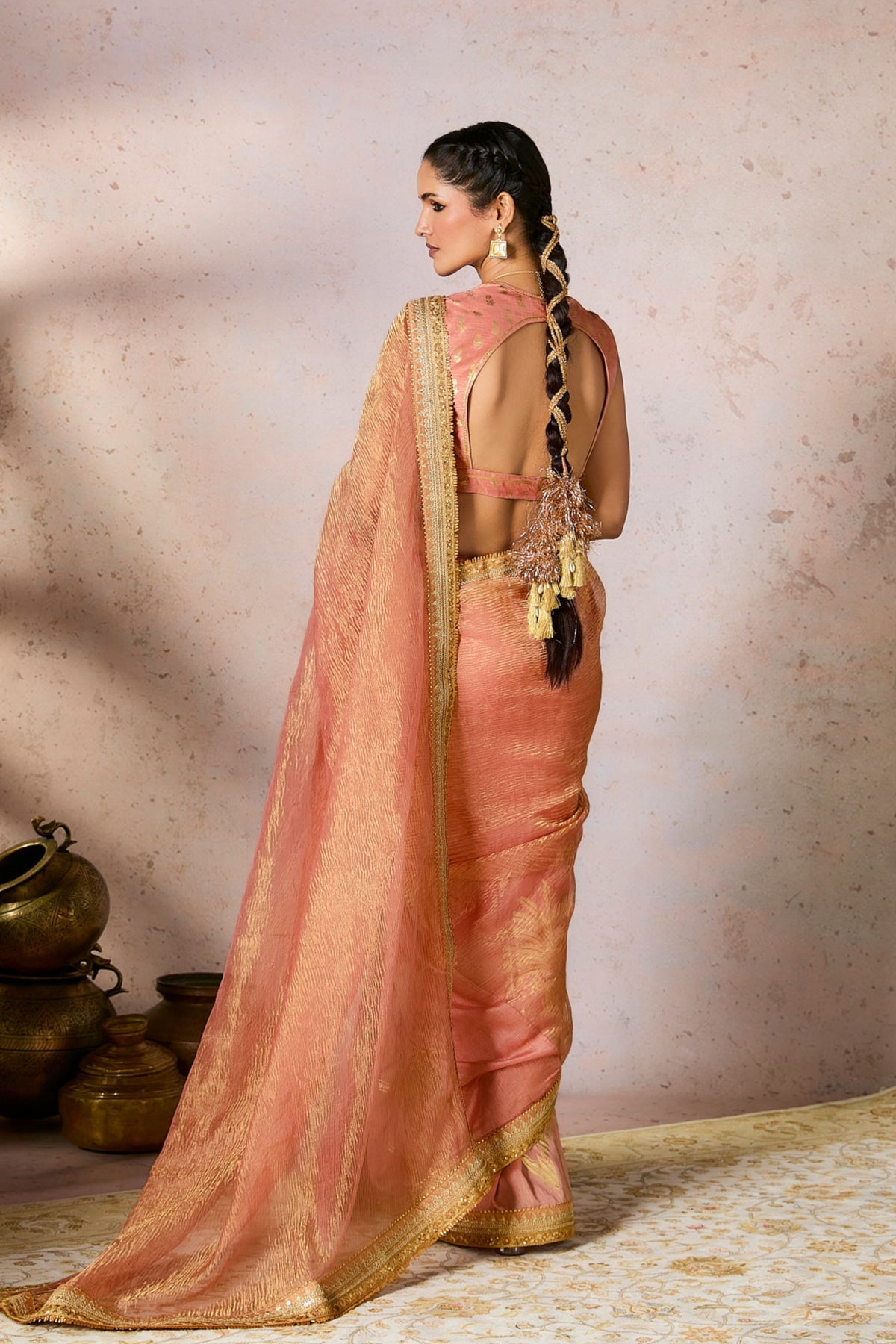 Peach Palm Blooms Tissue Saree