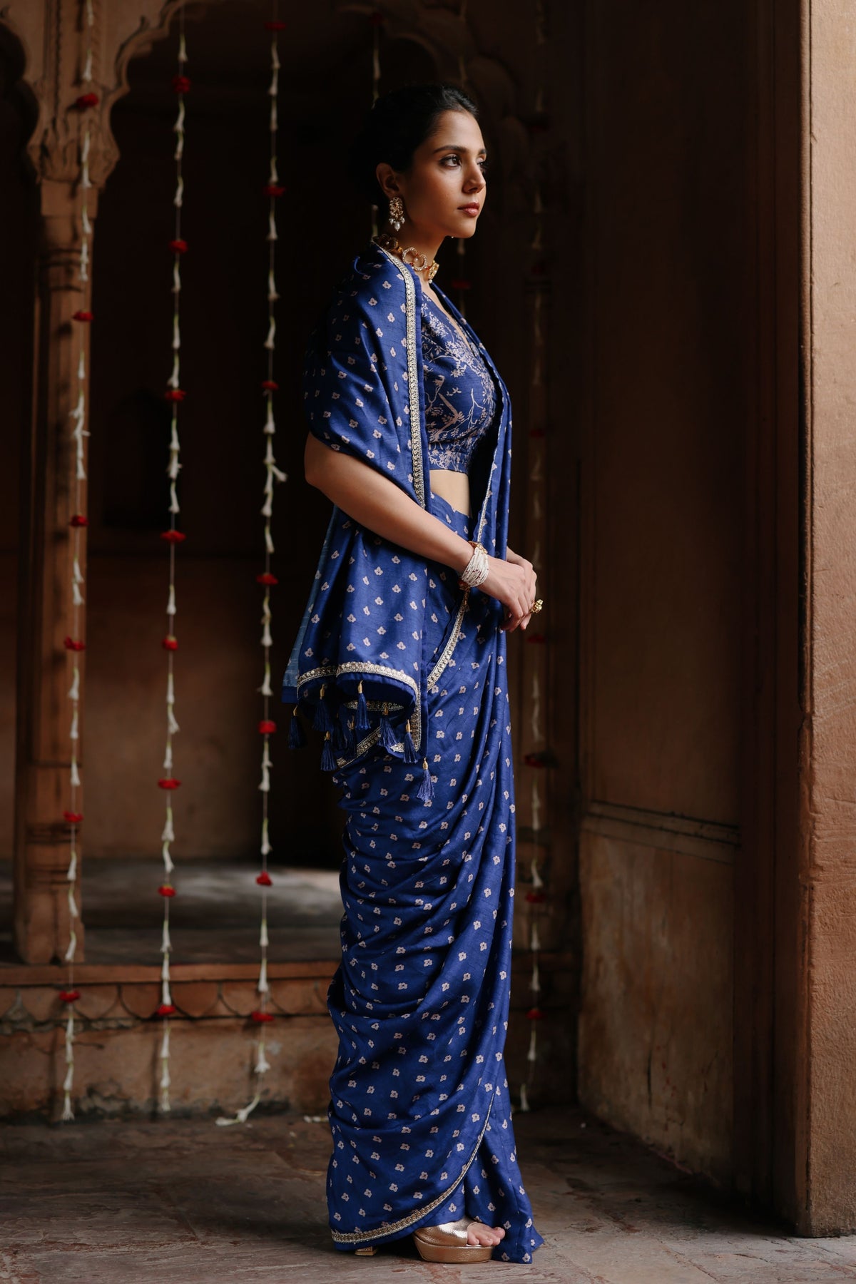 Blue Printed Pre-stitched Saree Set