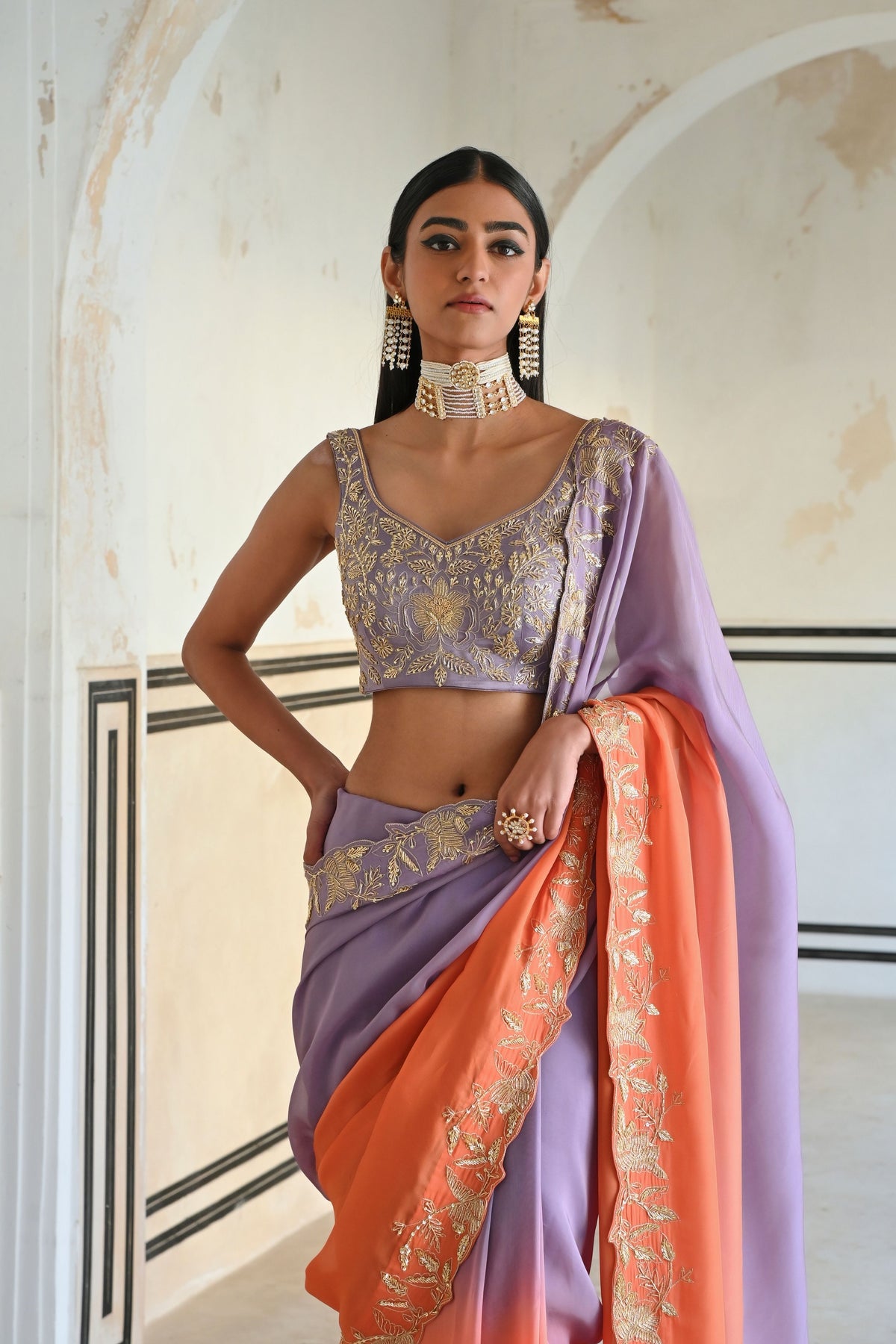 Lilac Orange Floral Saree Set