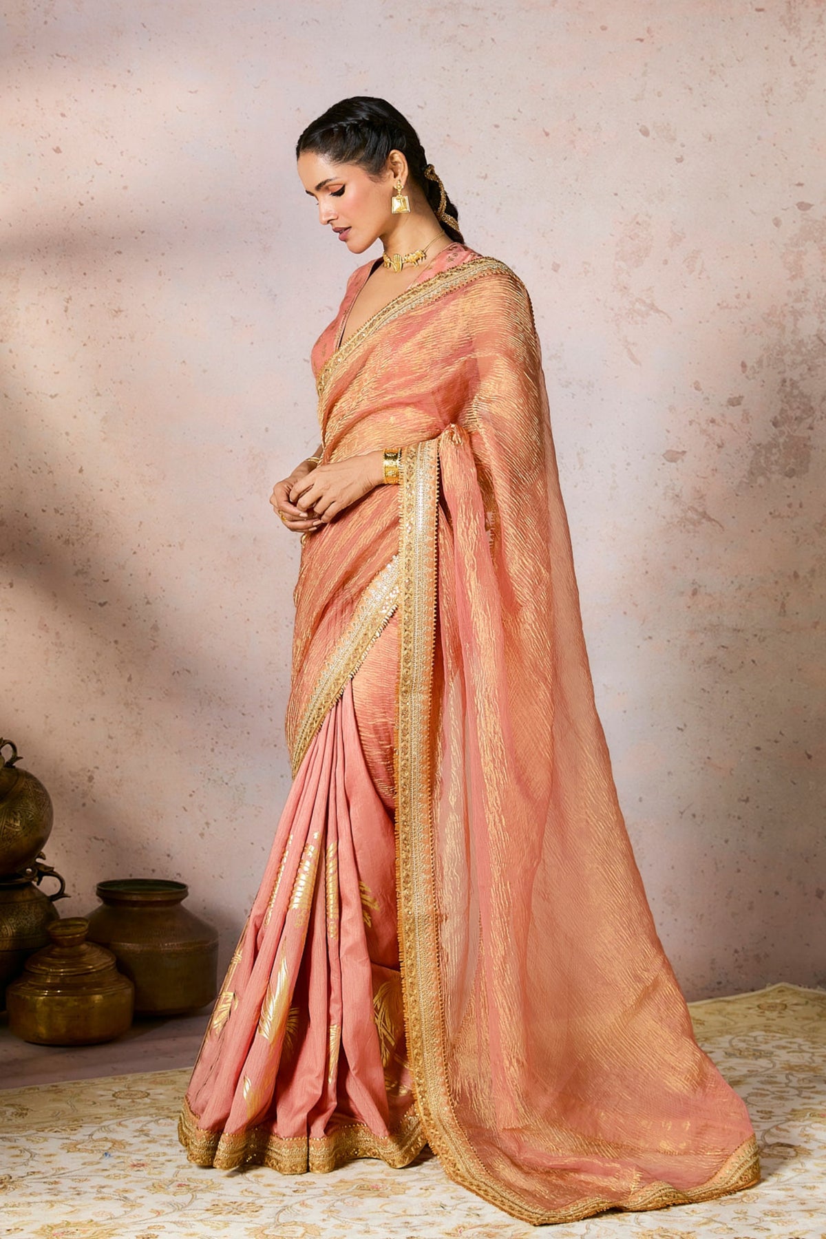 Peach Palm Blooms Tissue Saree