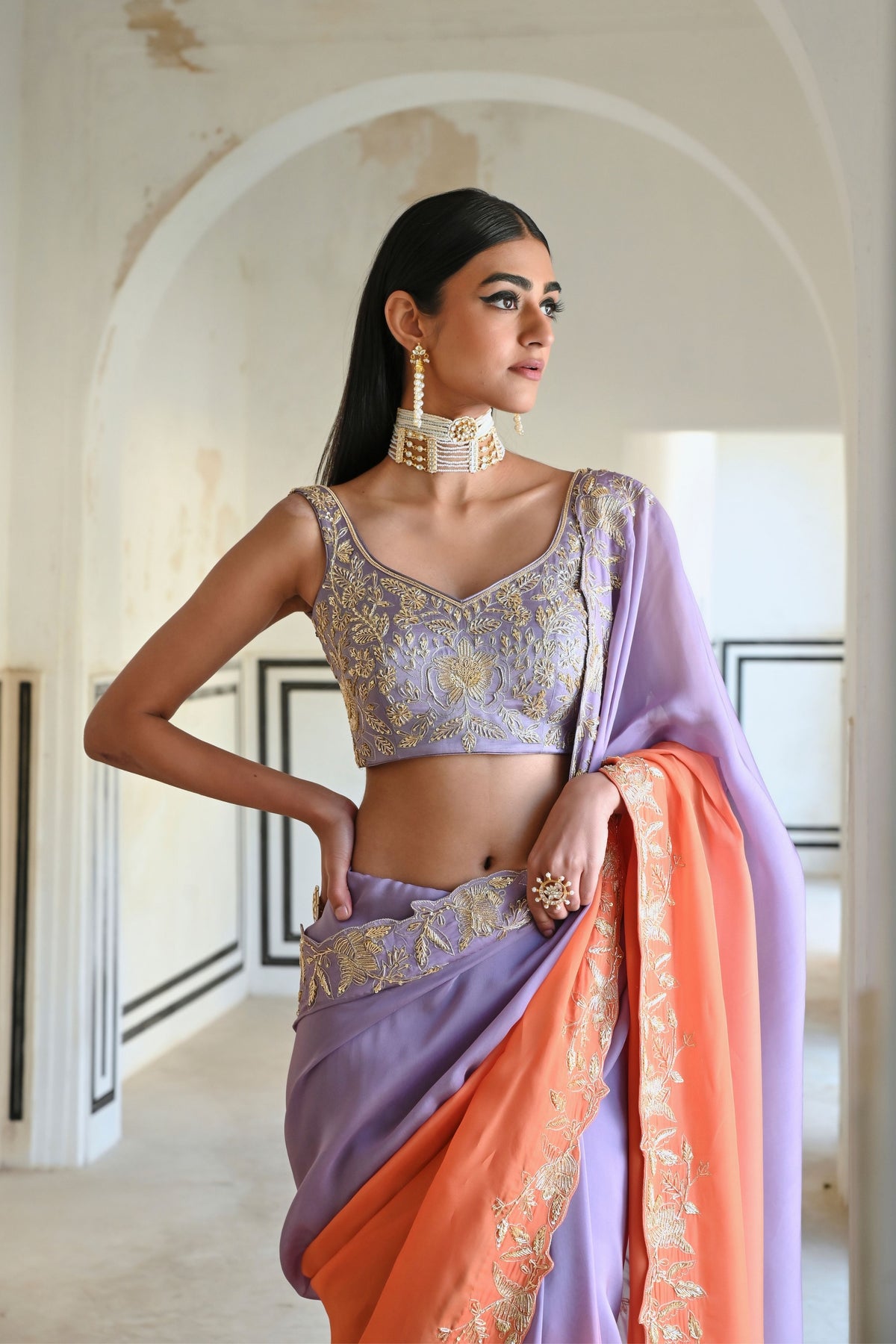 Lilac Orange Floral Saree Set