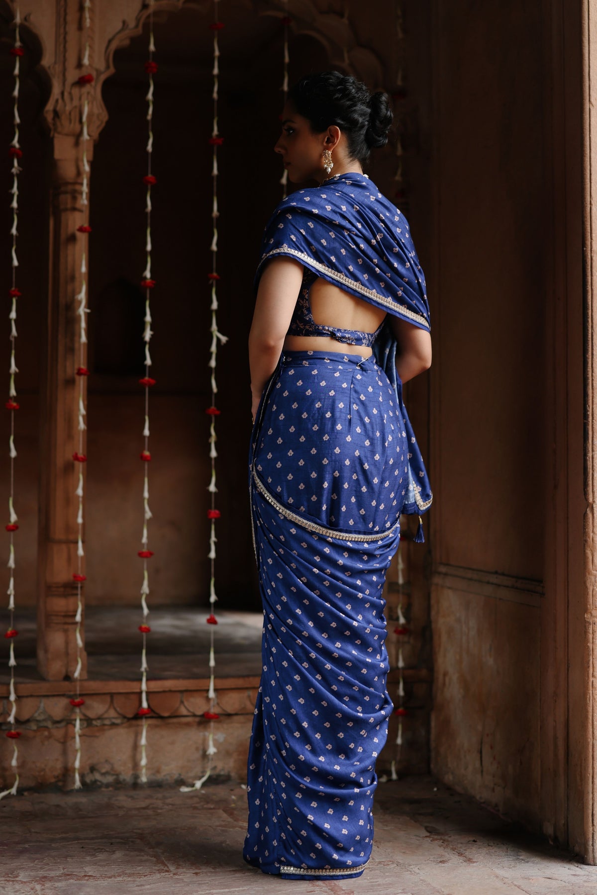 Blue Printed Pre-stitched Saree Set