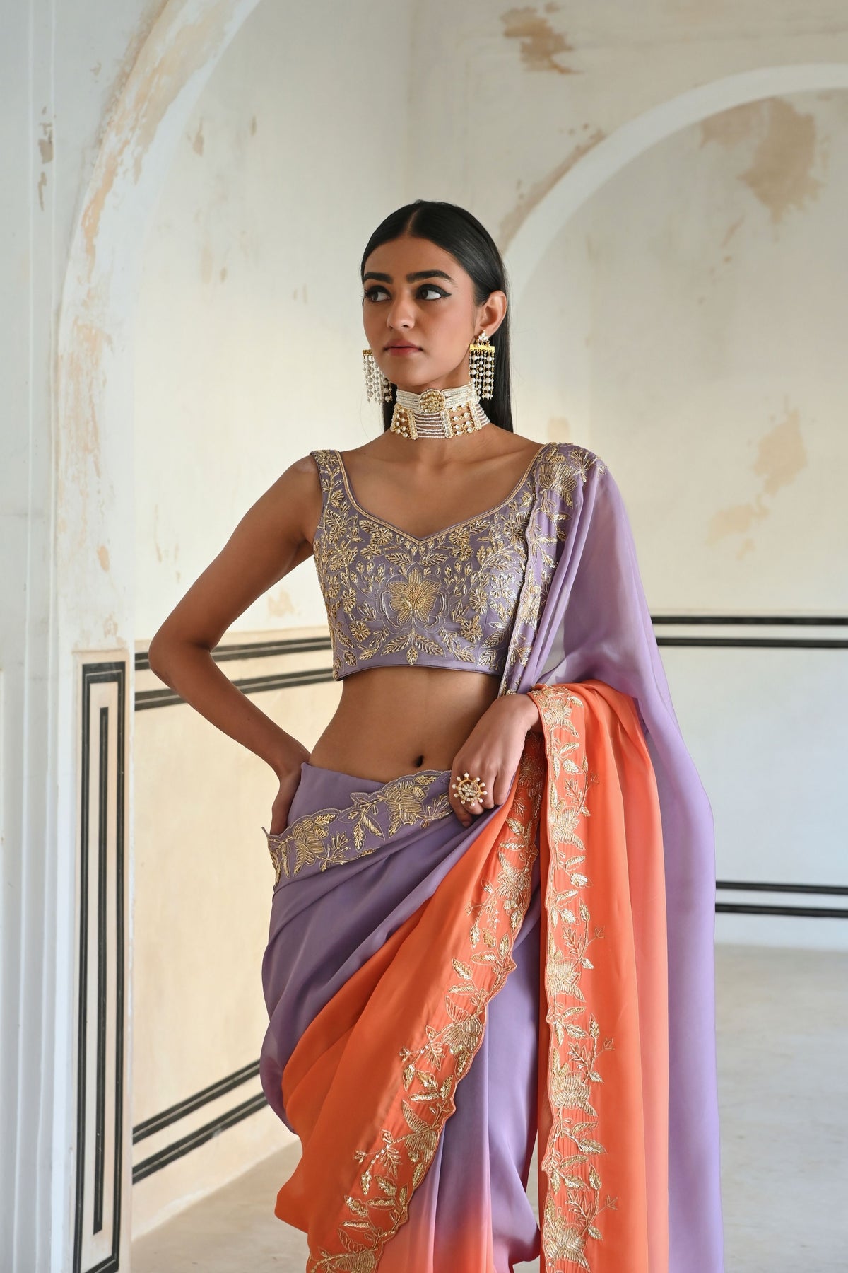 Lilac Orange Floral Saree Set