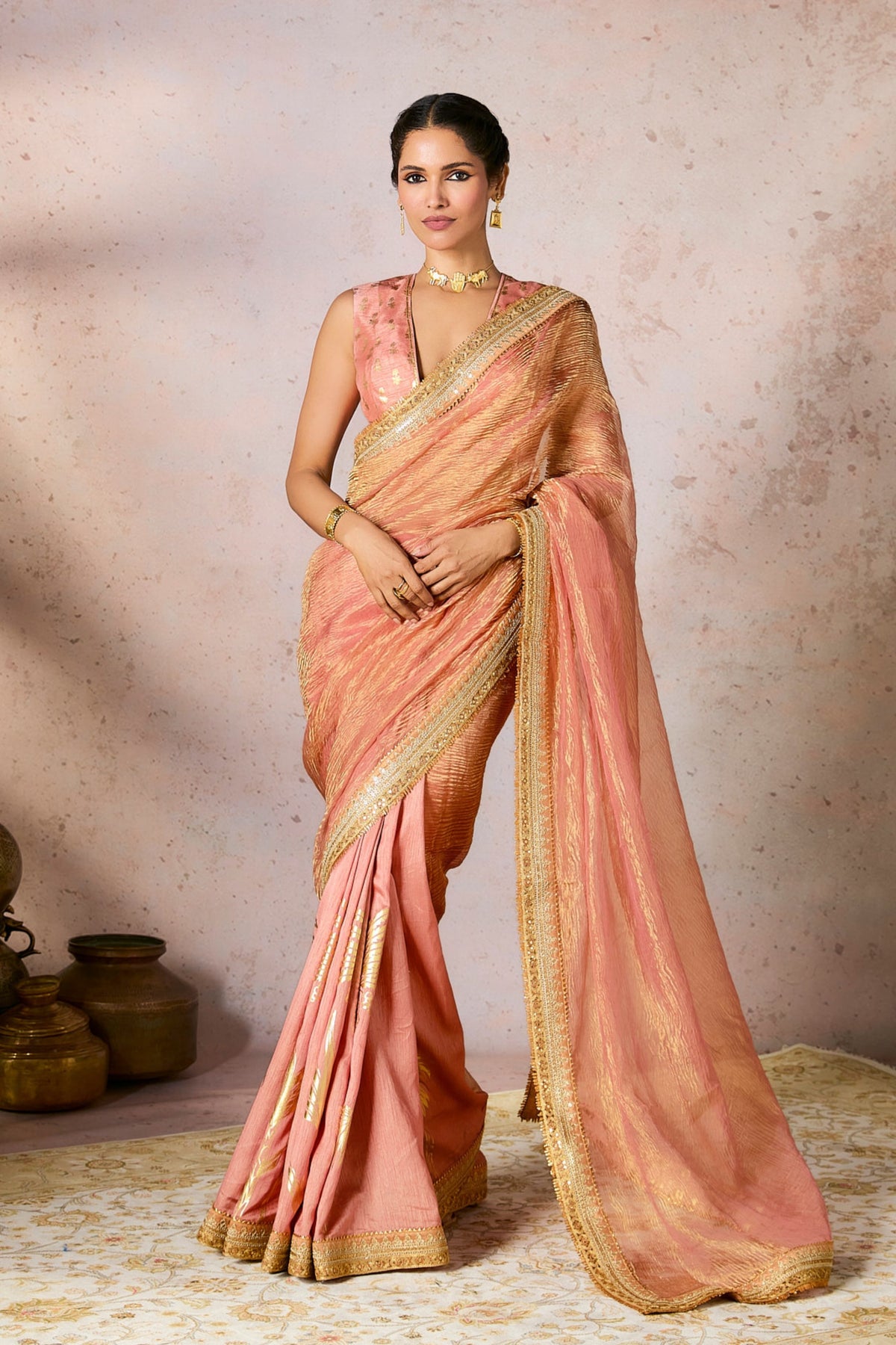 Peach Palm Blooms Tissue Saree