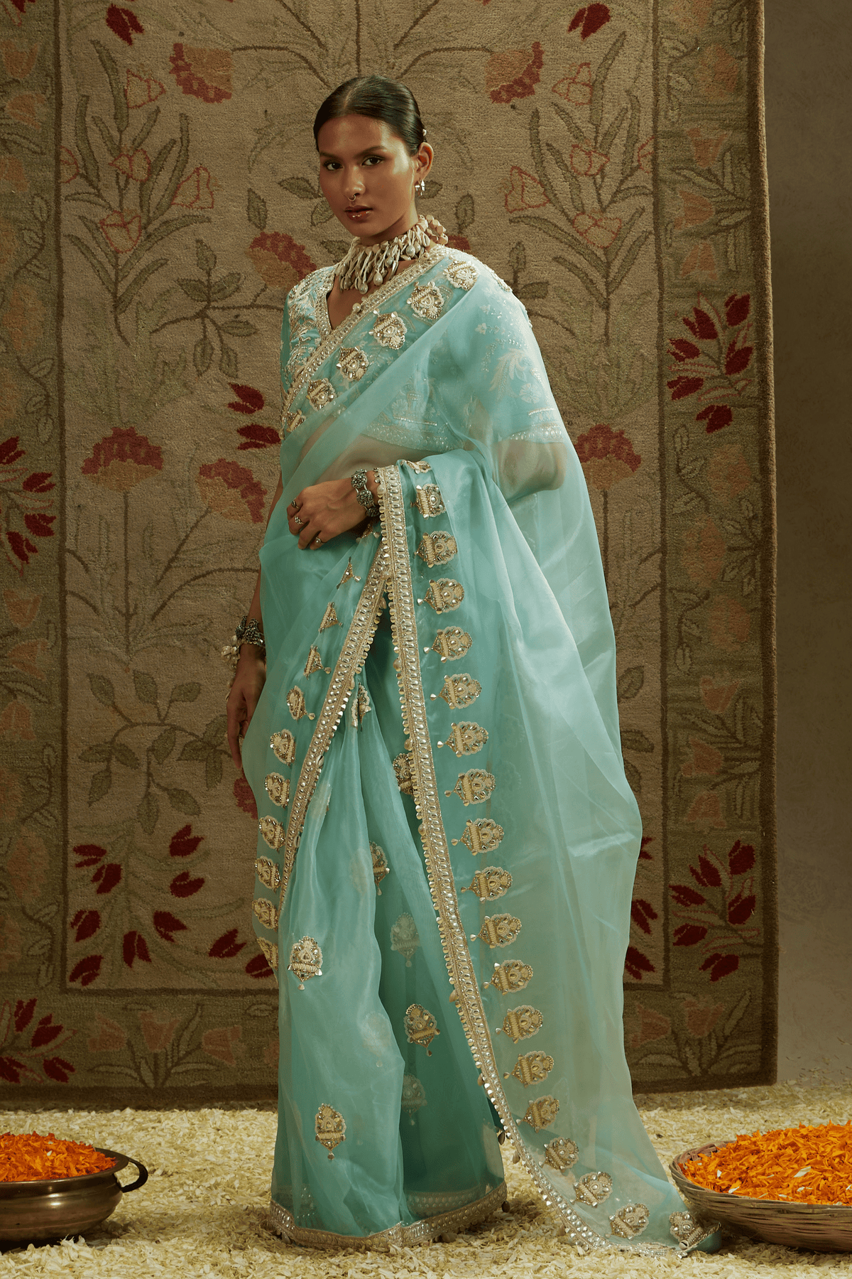 Teal Blue Saree With Blouse