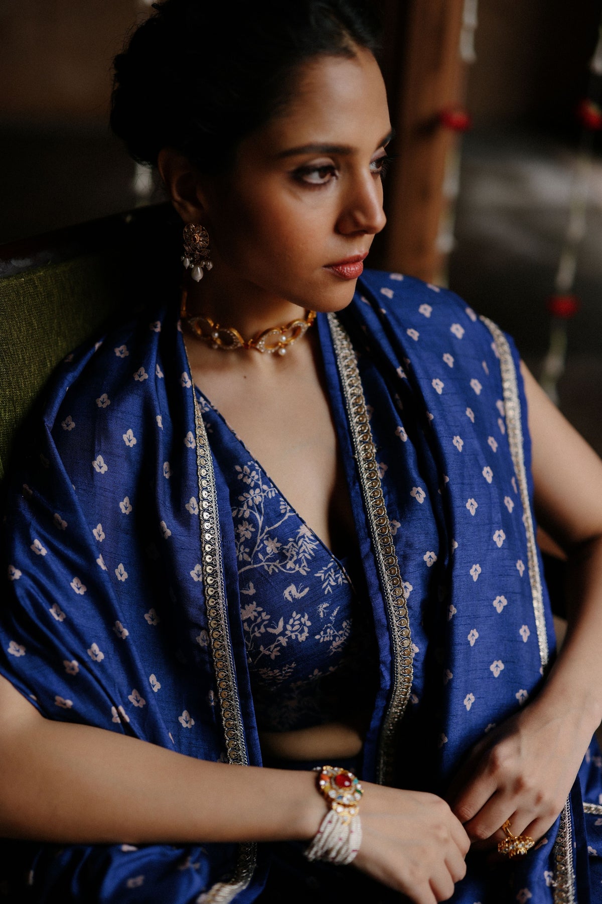 Blue Printed Pre-stitched Saree Set