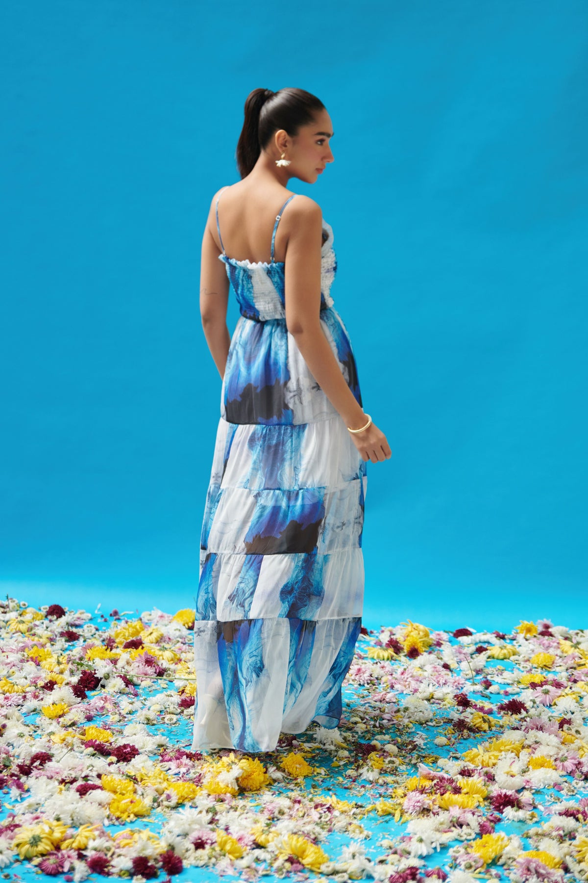 Blue Wave Printed Strappy Long Dress