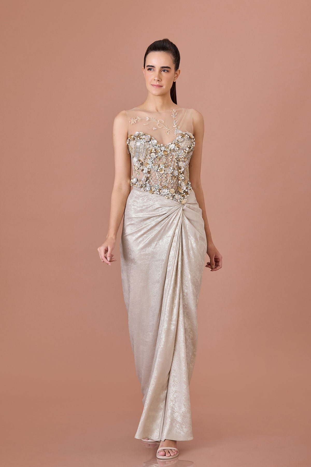 Champagne Gold Foil Draped Gown