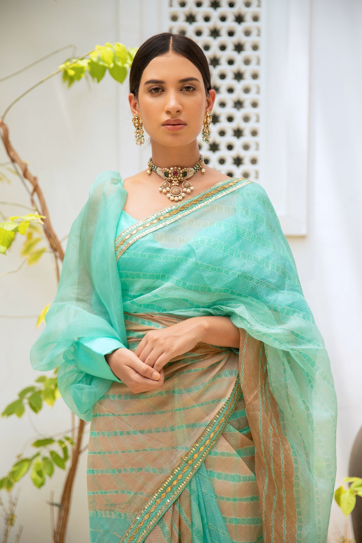 Sea Green Lahariya Saree Set